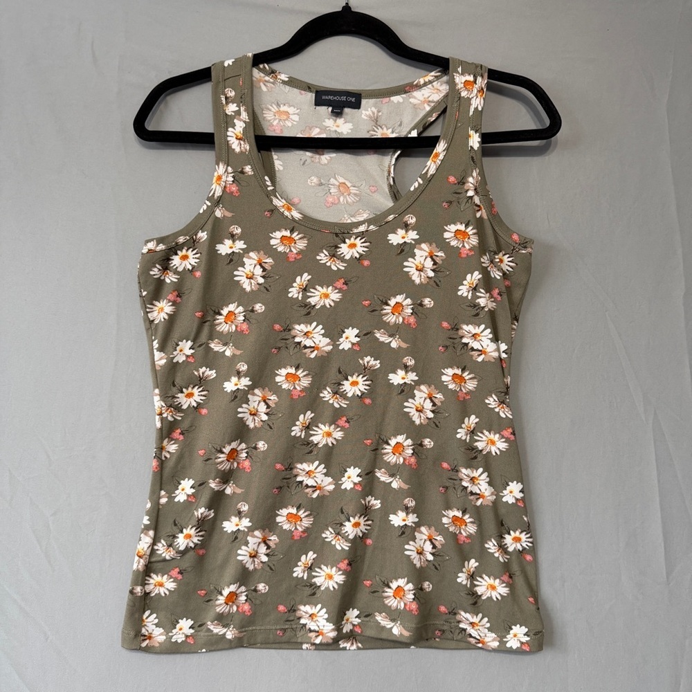 Warehouse One Womens Floral Tank Medium Sage Green Stretch Layers Forest Fairy